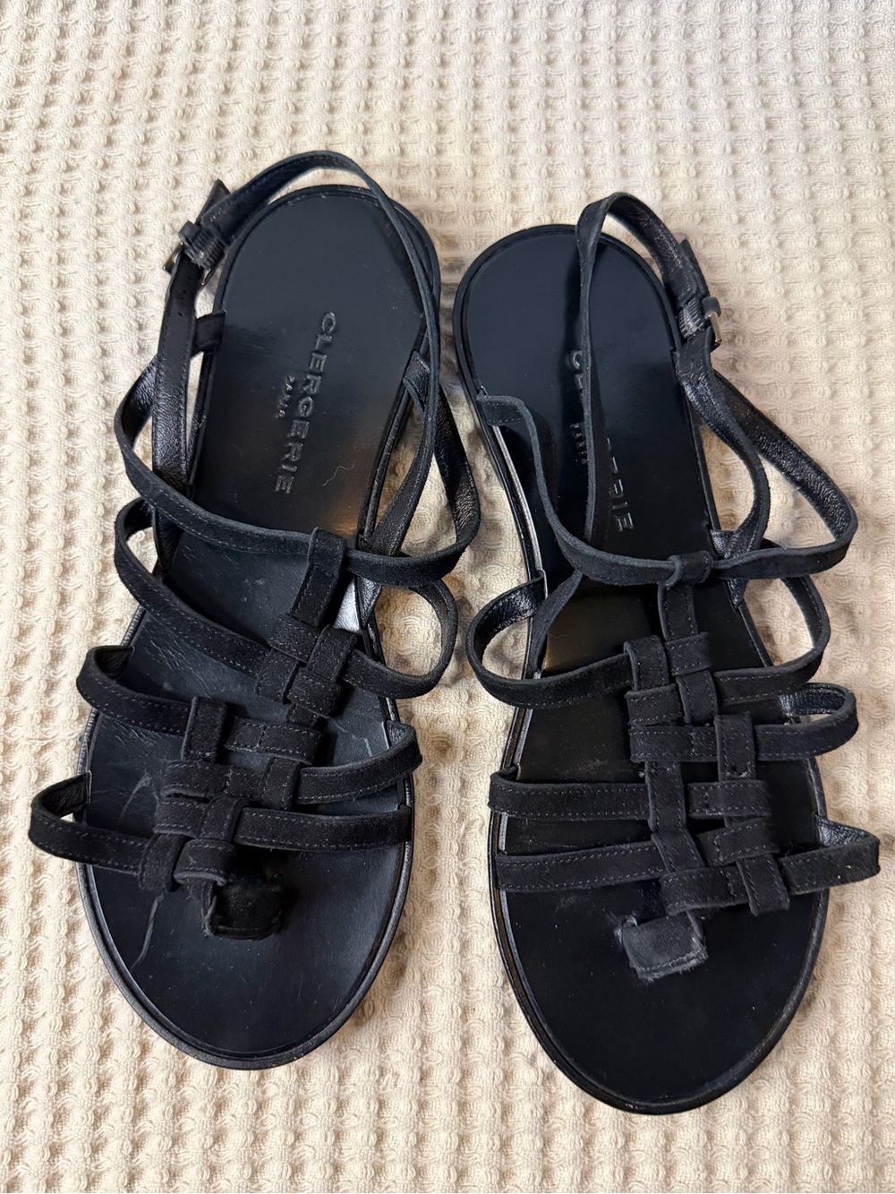 Clergerie Paris Black Strappy Leather Flat Sandals Made in France Size 38.5